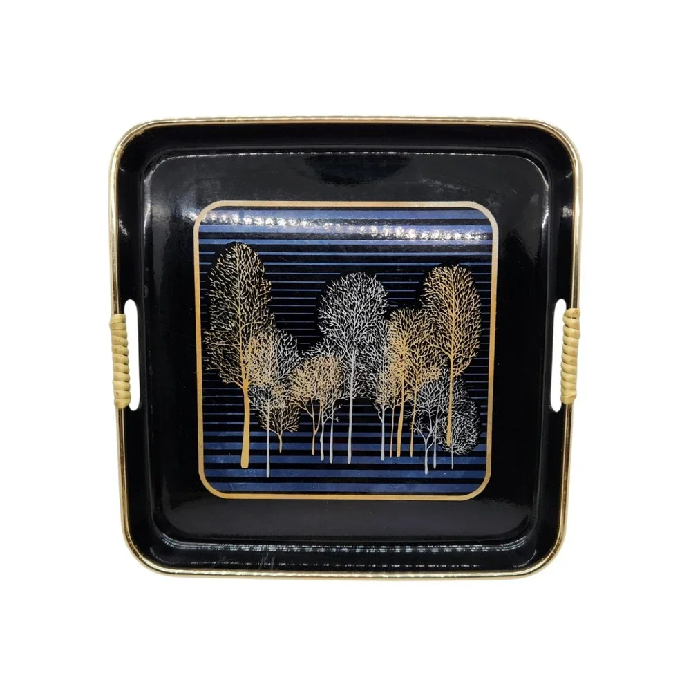 Vintage MCM Square Serving Tray Black Gold Navy Blue Tree Graphic Wicker Handles